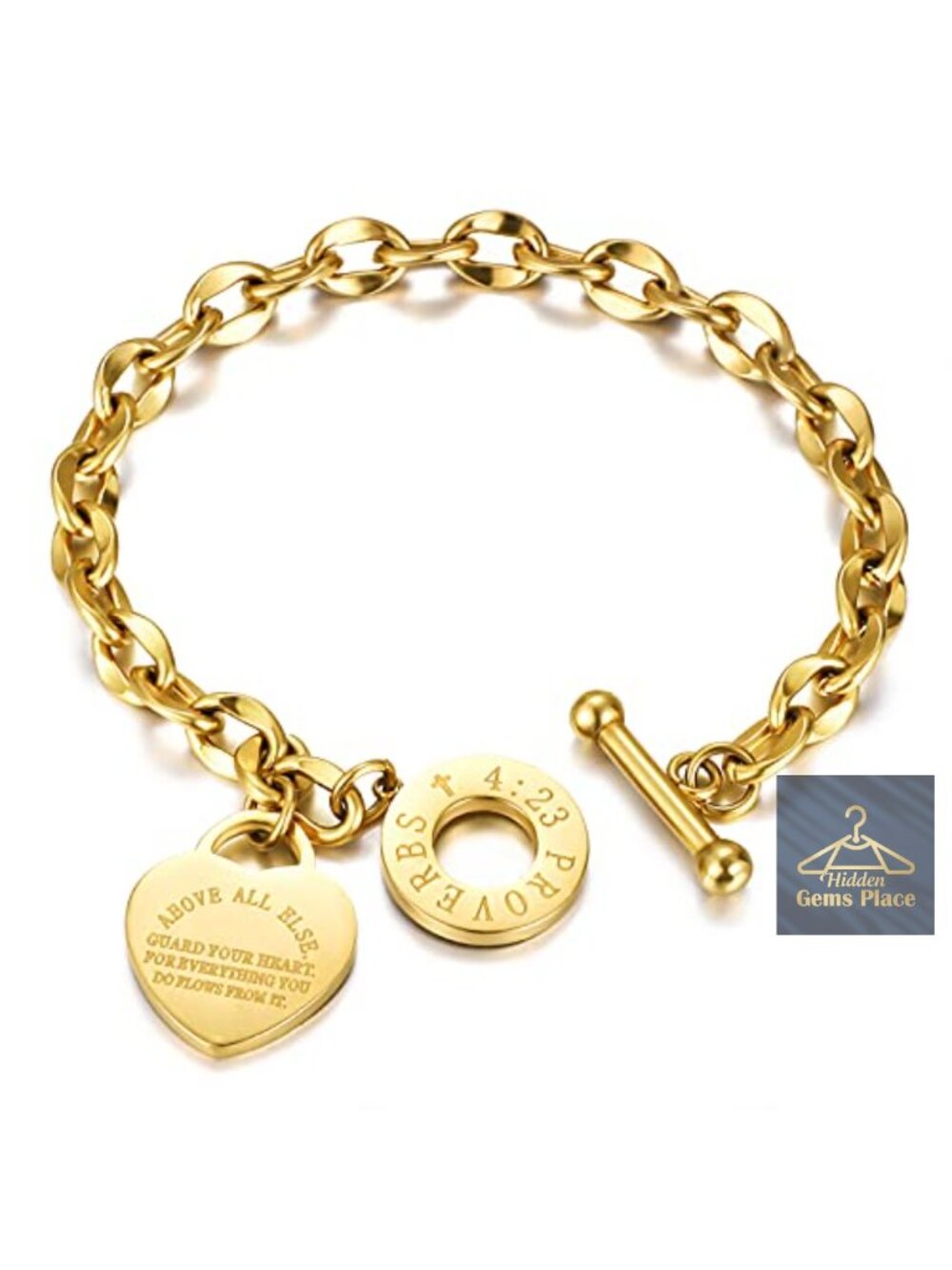Heart Charm Bible Verse Bracelet Stainless Steel 18K Gold Plated Link Chain OT